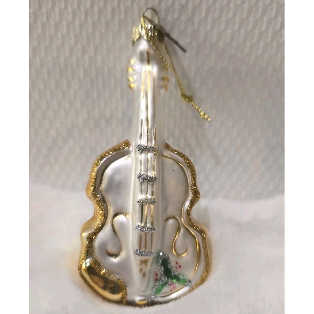 Vintage Pacconi Blown Glass Violin Christmas Ornament White Gold Glitter Holly